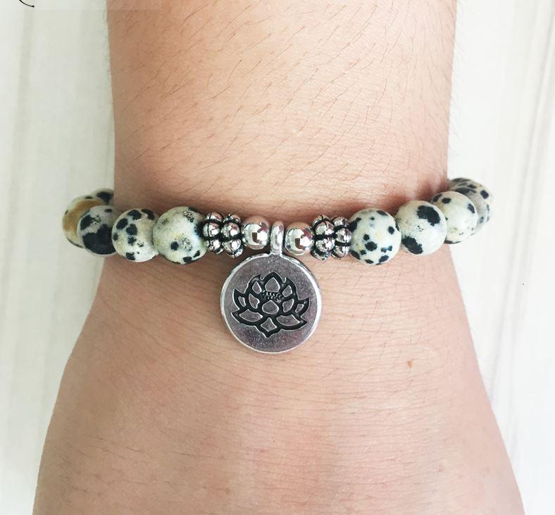 Mala lotus bracelet “joy of being” in dalmatian jasper