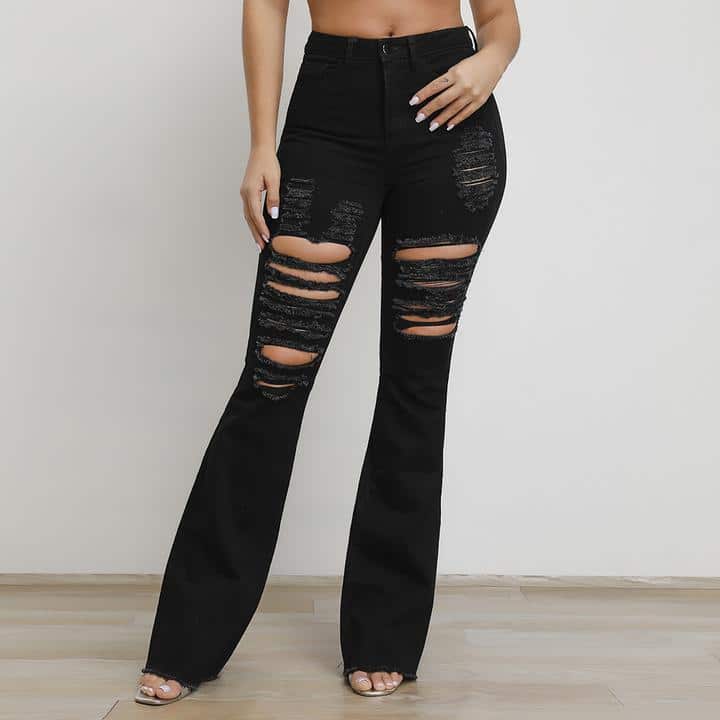 Black High Waist Distressed Flare Jeans