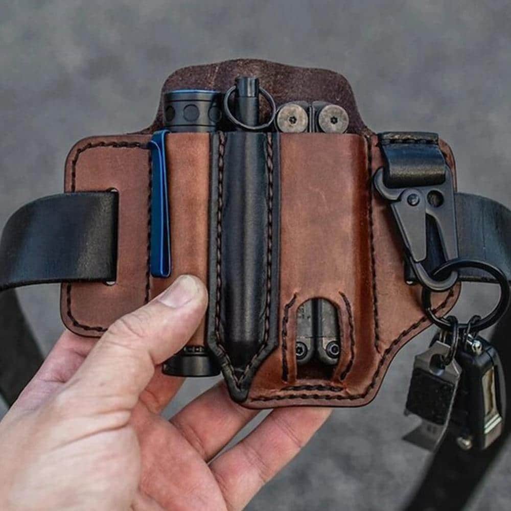 Men EDC Genuine Leather Multitool Flashlight Key Pen Organizer Gear Waist Belt Bag