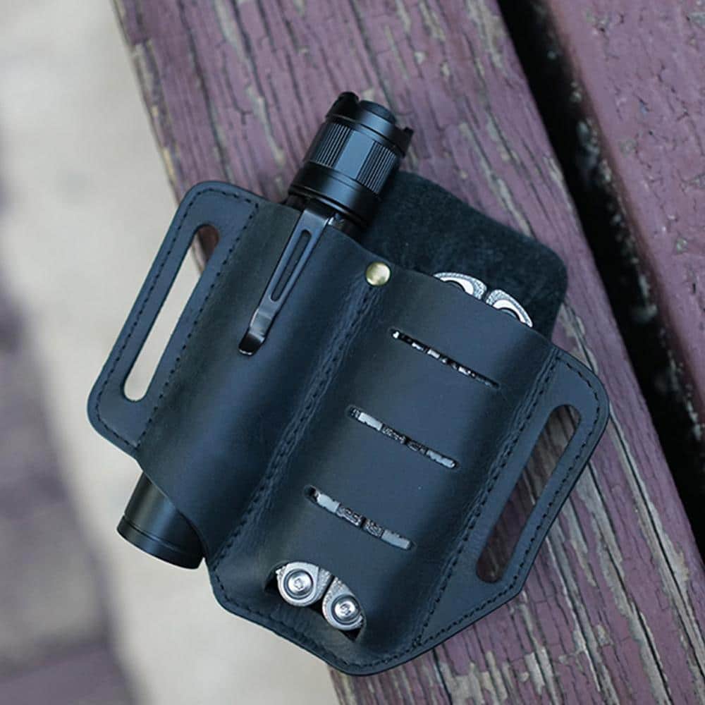 Men EDC Genuine Leather Multitool Flashlight Key Pen Organizer Gear Waist Belt Bag