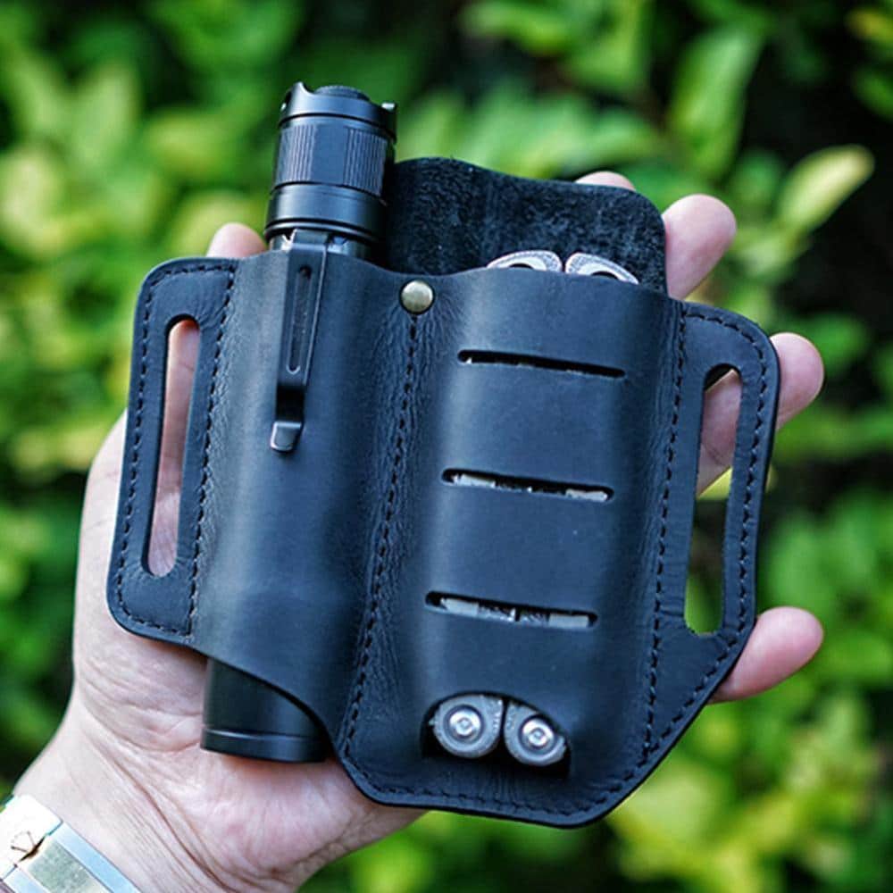 Men EDC Genuine Leather Multitool Flashlight Key Pen Organizer Gear Waist Belt Bag