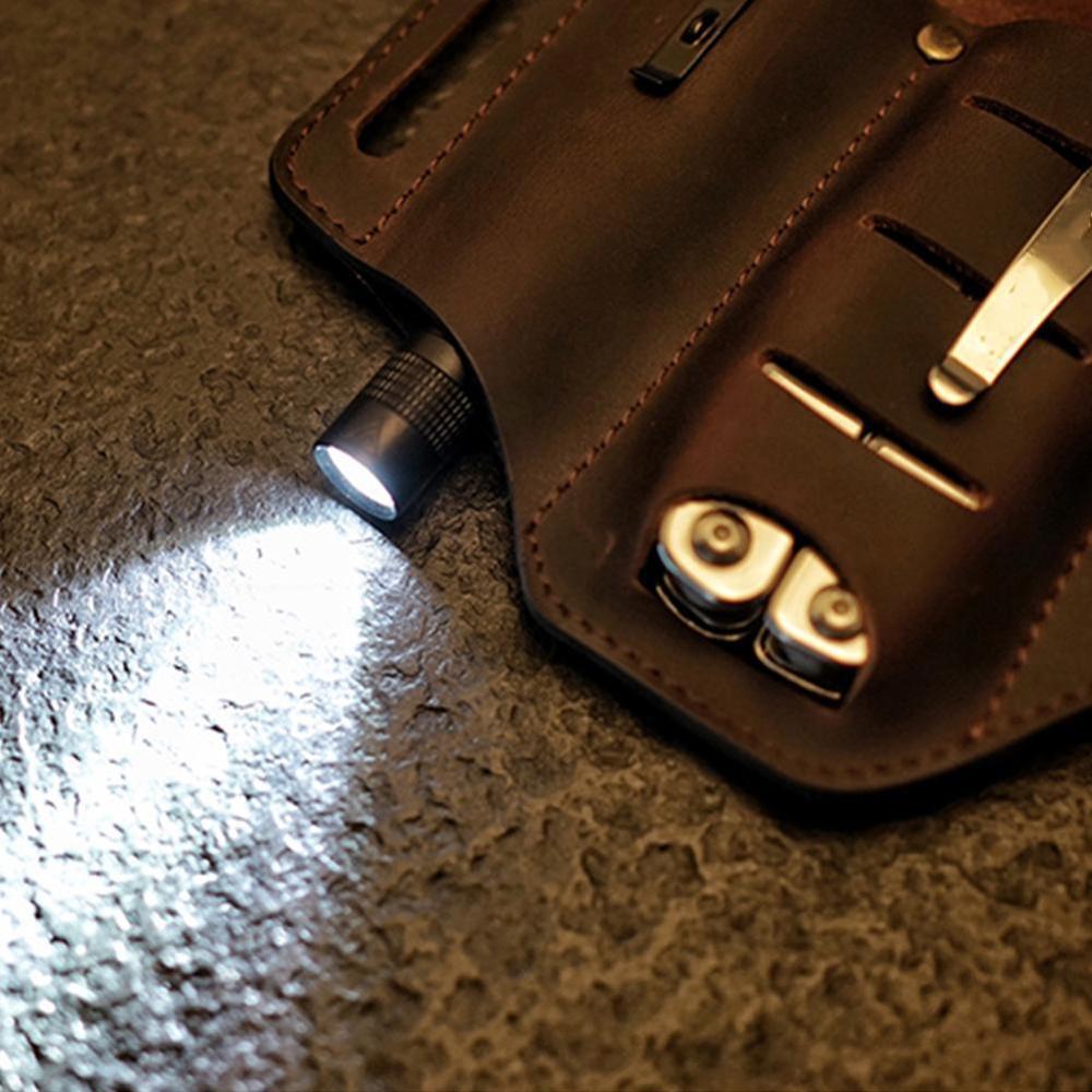 Men EDC Genuine Leather Multitool Flashlight Key Pen Organizer Gear Waist Belt Bag