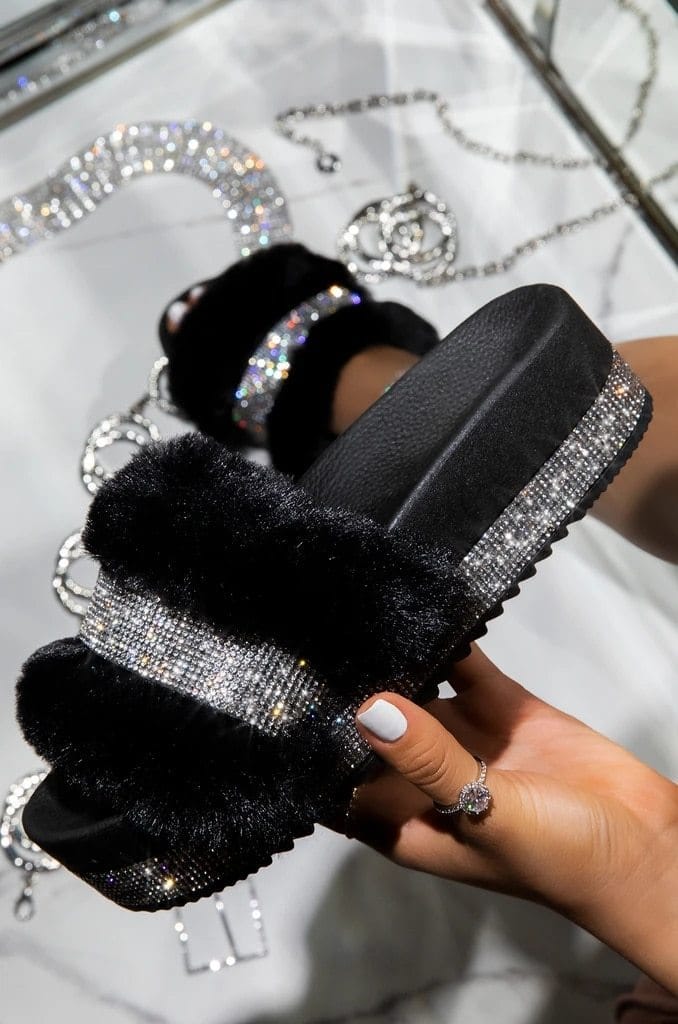 Rhinestone Furry Slippers