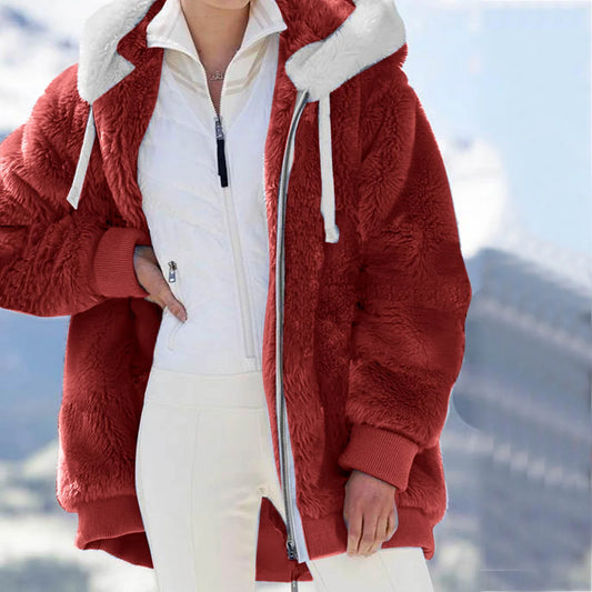 Loose Warm Hooded Jacket with Zipper