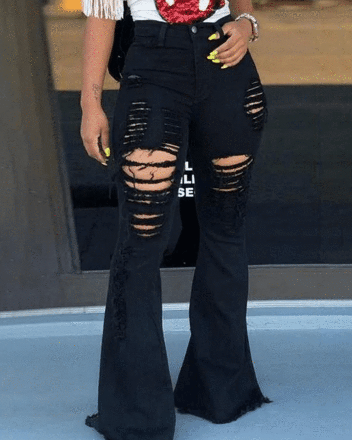Black High Waist Distressed Flare Jeans