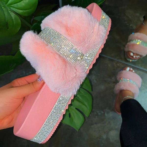 Rhinestone Furry Slippers